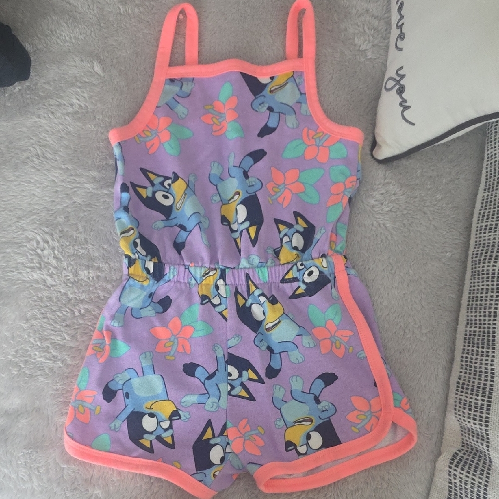 Girls Purple Character Print Romper with Coral Trim